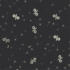 Seamless pattern with stars, percent symbols on black background. Night sky. Vector illustration on black background