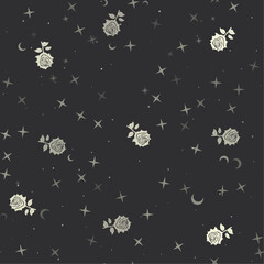 Seamless pattern with stars, rose flowers on black background. Night sky. Vector illustration on black background