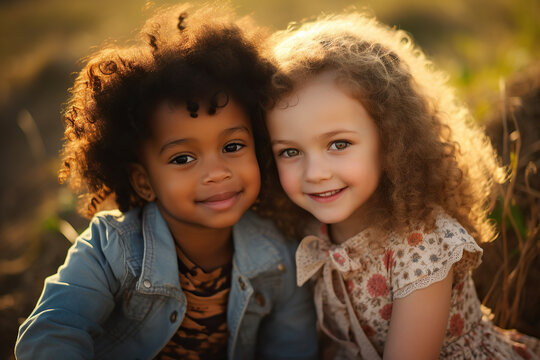 Portrait of two girls of different races smiling