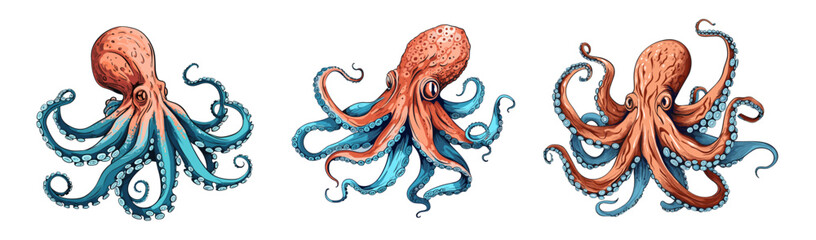 Fantasy octopus characters. Crazy ocean octopuses, angry marine life animals. Isolated cartoon sea vector character