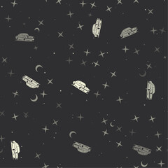 Seamless pattern with stars, vintage car symbols on black background. Night sky. Vector illustration on black background © Alexey