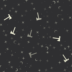 Seamless pattern with stars, axe symbols on black background. Night sky. Vector illustration on black background