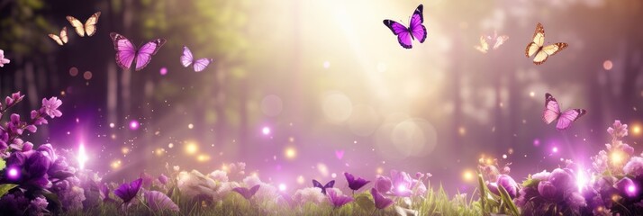 Enchanting purple butterfly dancing amidst a sea of wild white violet flowers in natures canvas
