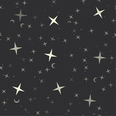 Seamless pattern with stars, star symbols on black background. Night sky. Vector illustration on black background