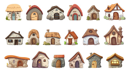 Stone tiny houses, fairytale buildings isolated cartoon icons. Medieval house for people, cute village architecture elements. Witch homes vector set - obrazy, fototapety, plakaty
