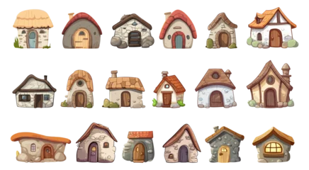 Photo sur Plexiglas Chambre denfants Stone tiny houses, fairytale buildings isolated cartoon icons. Medieval house for people, cute village architecture elements. Witch homes vector set