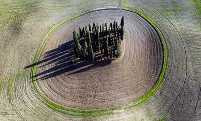 Gardinen Italy landscape. Amazing Tuscany scenery. Typical countryside with vast fields of Val d'Orcia famous beautiful valley. Aerial drone shot of circle cypresses trees, high angle view © Freesurf
