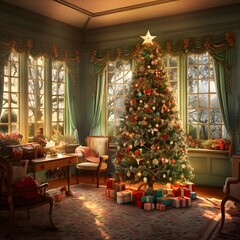 Fototapeta na wymiar Beautiful living room with a Christmas tree and gifts. 3d rendering