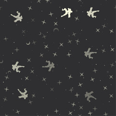 Seamless pattern with stars, combat robots on black background. Night sky. Vector illustration on black background