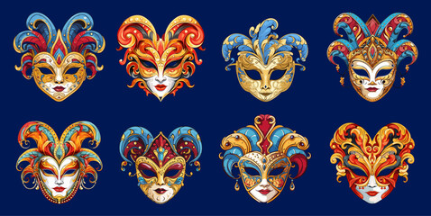 Venetian masks set. Decorative carnival mask, female faces and feathers. Bright festival party elements, home decoration, vector clipart - obrazy, fototapety, plakaty