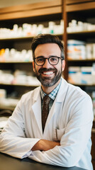 Portrait of a smiling male pharmacist standing with arms crossed in drugstore
