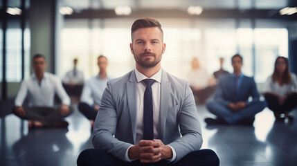 Businessman meditating in lotus pose during yoga class in office

