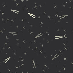 Seamless pattern with stars, pliers symbols on black background. Night sky. Vector illustration on black background