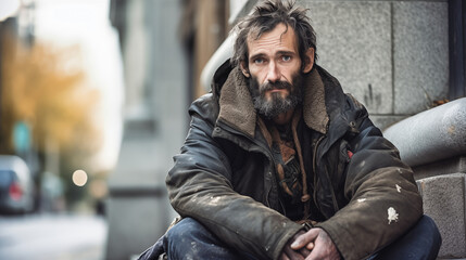 Homeless man sitting on the street and looking at the camera.