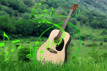 World Music concept, music guitar in forest