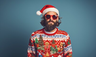 Fototapeta na wymiar Studio portrait of handsome happy bearded man wearing christmas ugly sweater with ornament, posing over the wall, copy space for text. Festive background. New Year, x-mas, Happy New Year, holiday love