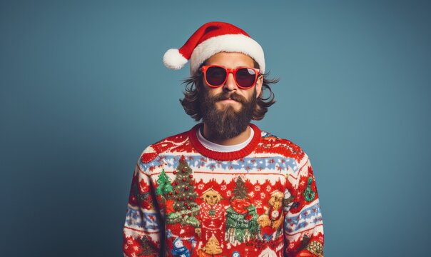 Studio portrait of handsome happy bearded man wearing christmas ugly sweater with ornament, posing over the wall, copy space for text. Festive background. New Year, x-mas, Happy New Year, holiday love