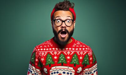 Studio portrait of handsome happy bearded man wearing christmas ugly sweater with ornament, posing over the wall, copy space for text. Festive background. New Year, x-mas, Happy New Year, holiday love