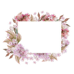 Wedding watercolor card with hydrangea leaves and flowers.