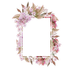 Wedding watercolor card with hydrangea leaves and flowers.