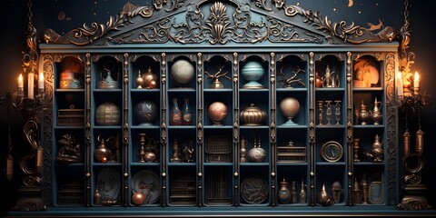 Old magic potion cabinet with candles and magic potion. 3d rendering