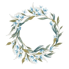 Wedding watercolor wreath with leaves and blue flowers.