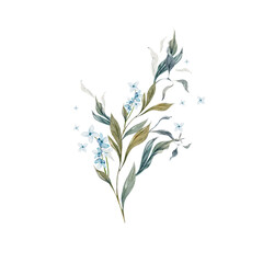 Wedding watercolor bouquet with leaves and blue flowers.
