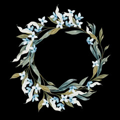 Wedding watercolor wreath with leaves and blue flowers. - 674756897