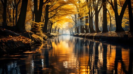 Beautiful autumn landscape with river and yellow trees in the forest.