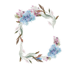 Wedding watercolor card with hydrangea leaves and flowers.