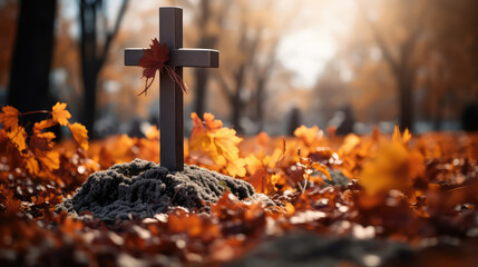 Autumn cemetery with headstone granite cross. Farewell to the dead, burial ceremony, eternal memory.