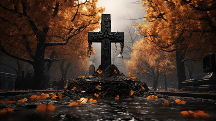 Autumn cemetery with headstone granite cross. Farewell to the dead, burial ceremony, eternal memory. - obrazy, fototapety, plakaty