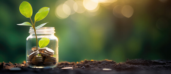 sprout growing in coins glass jar, generative ai