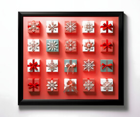 Framed gift boxes and snowflakes hanging on the wall. Minimal Christmas or New Year decorative  concept