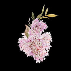 Wedding watercolor bouquet with hydrangea leaves and flowers.