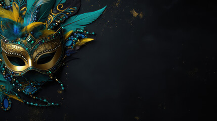 Banner template, face carnival mask with feathers. Top view, copy space. Carnival, costume party, masquerade. 