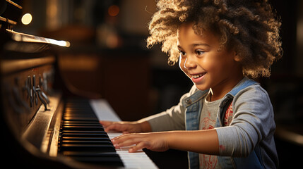 cut kid playing piano, generative ai - obrazy, fototapety, plakaty
