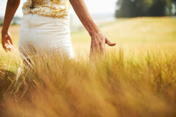 Closeup, walking or back of woman in a field for freedom in the countryside in spring to relax on...
