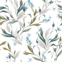 Wedding watercolor seamless pattern with leaves and flowers.