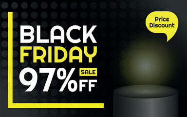 Black Friday Sale Product Template - 97% off Creative Advertising Banner, Black, White and Yellow, Polka Dots Background, Speech Bubble for Price