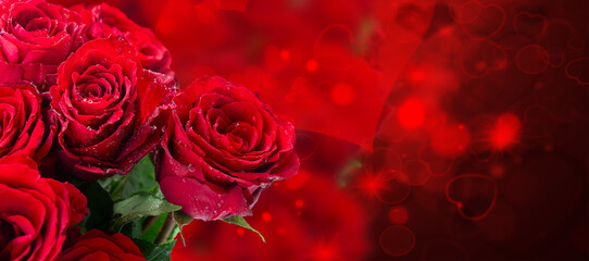 Crimson red rose flowers bouquet, valentines day background