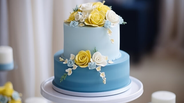 Close-up of tiered Wedding Cake. Copy space, banner template for wedding planner, event organization, catering, custom cakes.