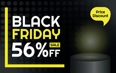 Black Friday Sale Product Template - 56% off Creative Advertising Banner, Black, White and Yellow, Polka Dots Background, Speech Bubble for Price