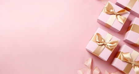Obraz na płótnie Canvas Elegant romantic gifts with roses on pastel pink backdrop