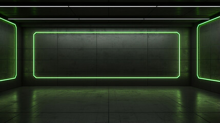 Interior of a minimalist interior design with vibrant green neon lighting accents. Generative AI