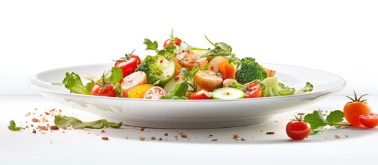 In the white and wood themed background the cooking enthusiast prepared a healthy salad on a white plate using fresh vegetables showcasing the natural and nutritious aspect of the meal perfe