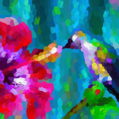 Hand drawn digital illustration in impressionism style. hummingbird on blue background and pink hibiscus flower