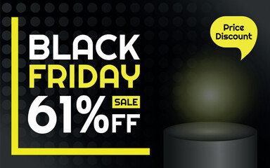 Black Friday Sale Product Template - 61% off Creative Advertising Banner, Black, White and Yellow, Polka Dots Background, Speech Bubble for Price