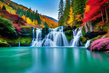 morning serenity, majestic waterfall and mountain scenery, waterfall amongst green mountains, rocky cascade, morning bliss in the forest, peaceful retreat, waterfall and mountains wallpaper