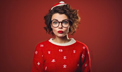 Cheerful happy woman wearing a Christmas sweater, Santa hats, isolated on plain colour studio background. New Year, x-mas background, Happy New Year, holiday, love of the season